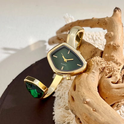 Stylish Irregular Dial Big Diamond Open Cuff Gold Watch for Woman