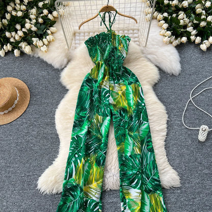 2024 New Summer Sexy Bohemian Leaf Print Jumpsuits Women Sleeveless Sexy Long Jumpsuit Mujer Casual Holiday Beach Rompers