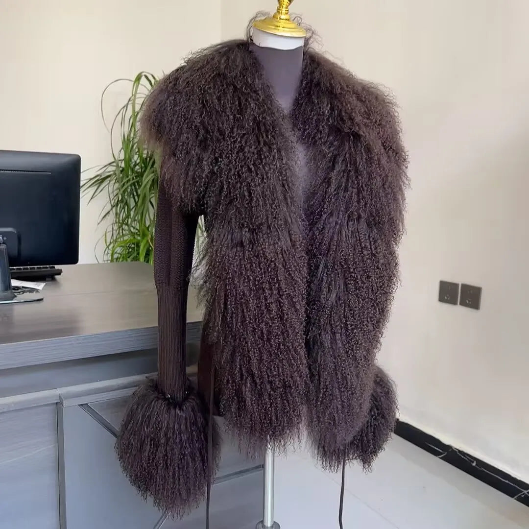 Mongolian Wool Knitted Cardigan Women's Brown Autumn Winter Knitted Cardigan Paired with Real Mongolian Wool Collar Jacket