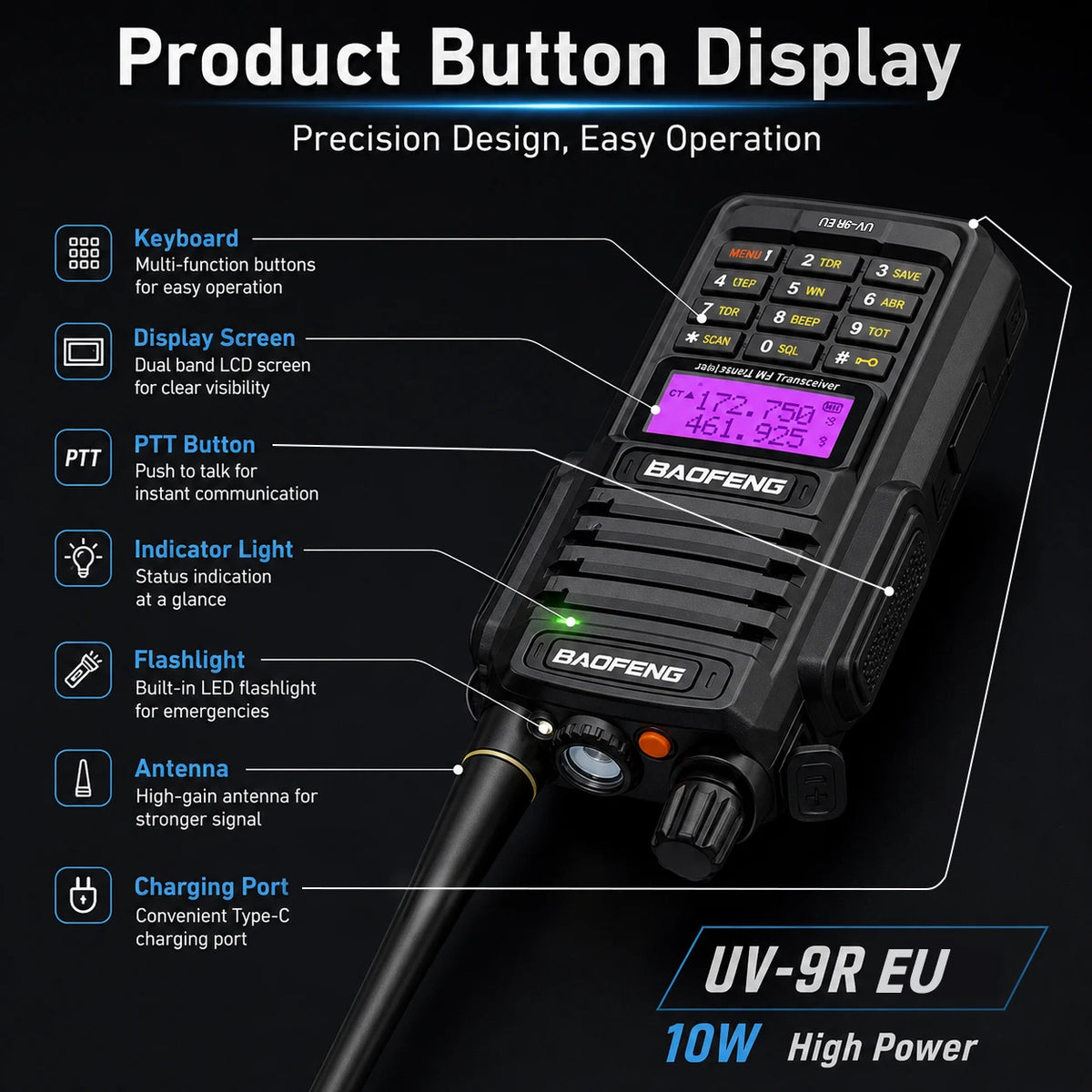 Baofeng UV-9R EU IP45 Waterproof Marine Walkie Talkie Dual Band VHF UHF Long Range Radio Fishing Boating Outdoor Adventure