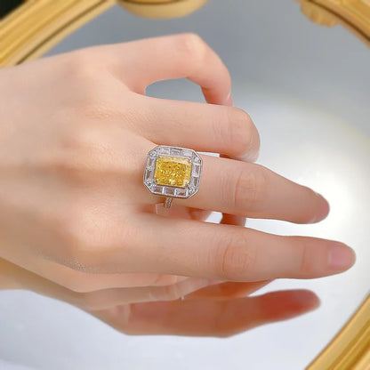 Luxury 18K white Solid Platinum PT950 rectangular yellow diamond ice flower cut 8*10mm moissanite versatile ring for women