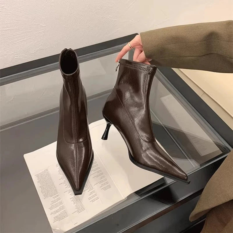 2025 New Women's Ankle Boots Sexy Pointed Toe Woman Short Boots Fashion Causal Ladies Thin High Heel Boots Solid Color Stiletto