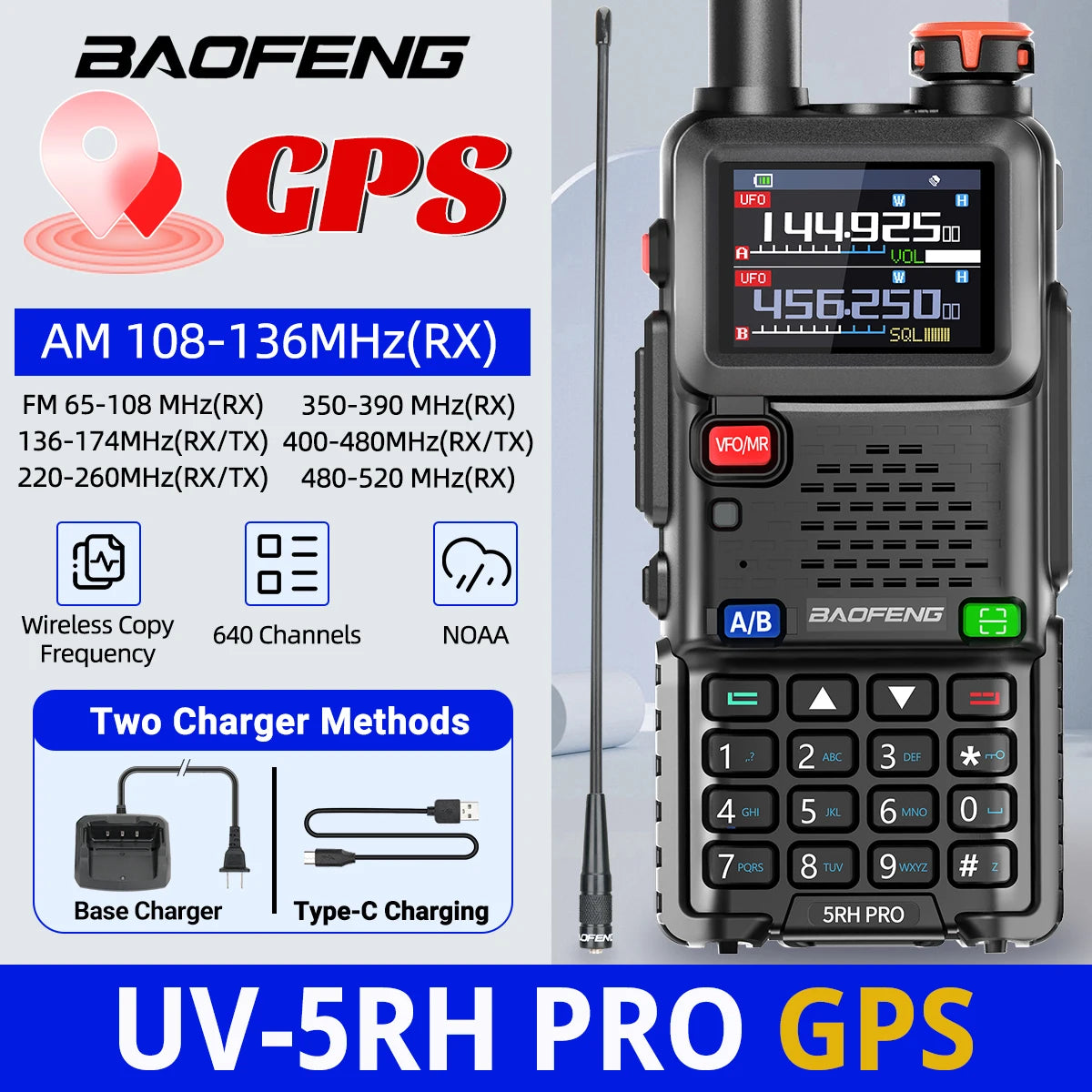 Baofeng UV-5RH PRO GPS Walkie Talkie Multi Band Wireless Copy Frequency Type-C Charger Upgrade UV-5R UV 17 Pro Gps Ham Radio