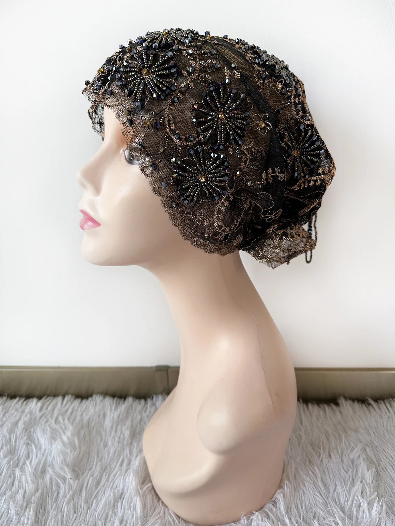 High Quality Lace handcrafted Beaded Turban Hat Female Head Wraps Caps Muslim Women Headscarf Bonnet Ready to Wear Inner Hijabs