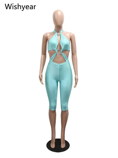 Women Turquoise Halter Neck Jumpsuit Cutout Front Sleeveless High Waist Bodycon Capri Pants Metal Ring Party Club Beach Outfit