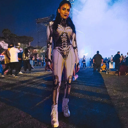 3D Printed Cosplay Bodycon Jumpsuits Y2k Techwear Long Sleeve Gothic Punk Playsuits Anime Women Mock Neck Zip Bodysuit
