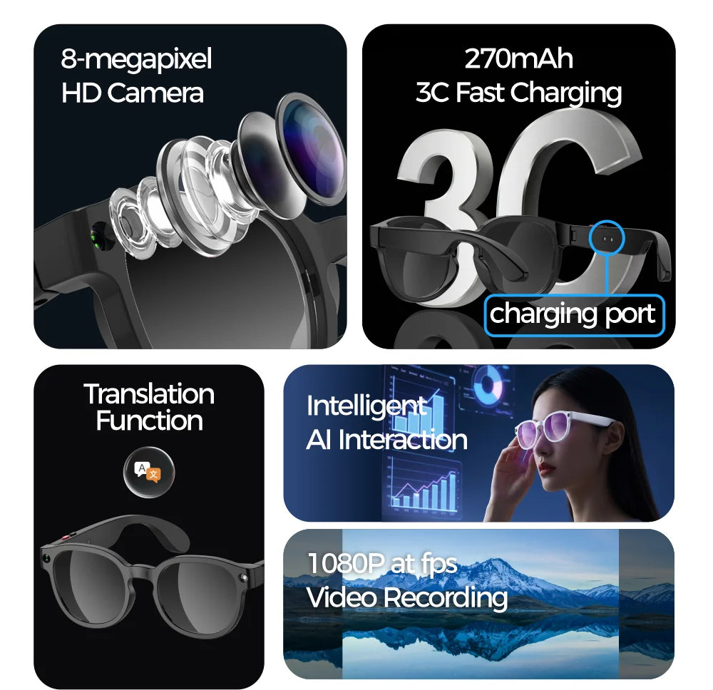 Smart Glasses 2MP Video Camera Multifunctional AI Translation Conversation Recording Music Control Wifi Transmission 2026