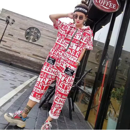 New Women Cartoon Graffiti Printing One Piece Overalls Mandarin Collar Short Sleeve Jumpsuit Hip Hop Design Rompers Baggy Pants