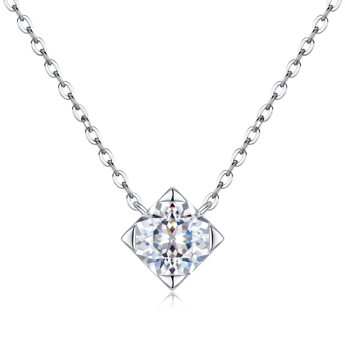 925 Sterling Silver Moissanite Pendant Necklace Spark Fine Jewelry For Women Birthday Present Daily Wear Banquet Simple Elegant Neck Ornament Luxury Cushion‑Cut Four‑Prong Setting Bright Thin Silver Chain Sparkling Gem Fe