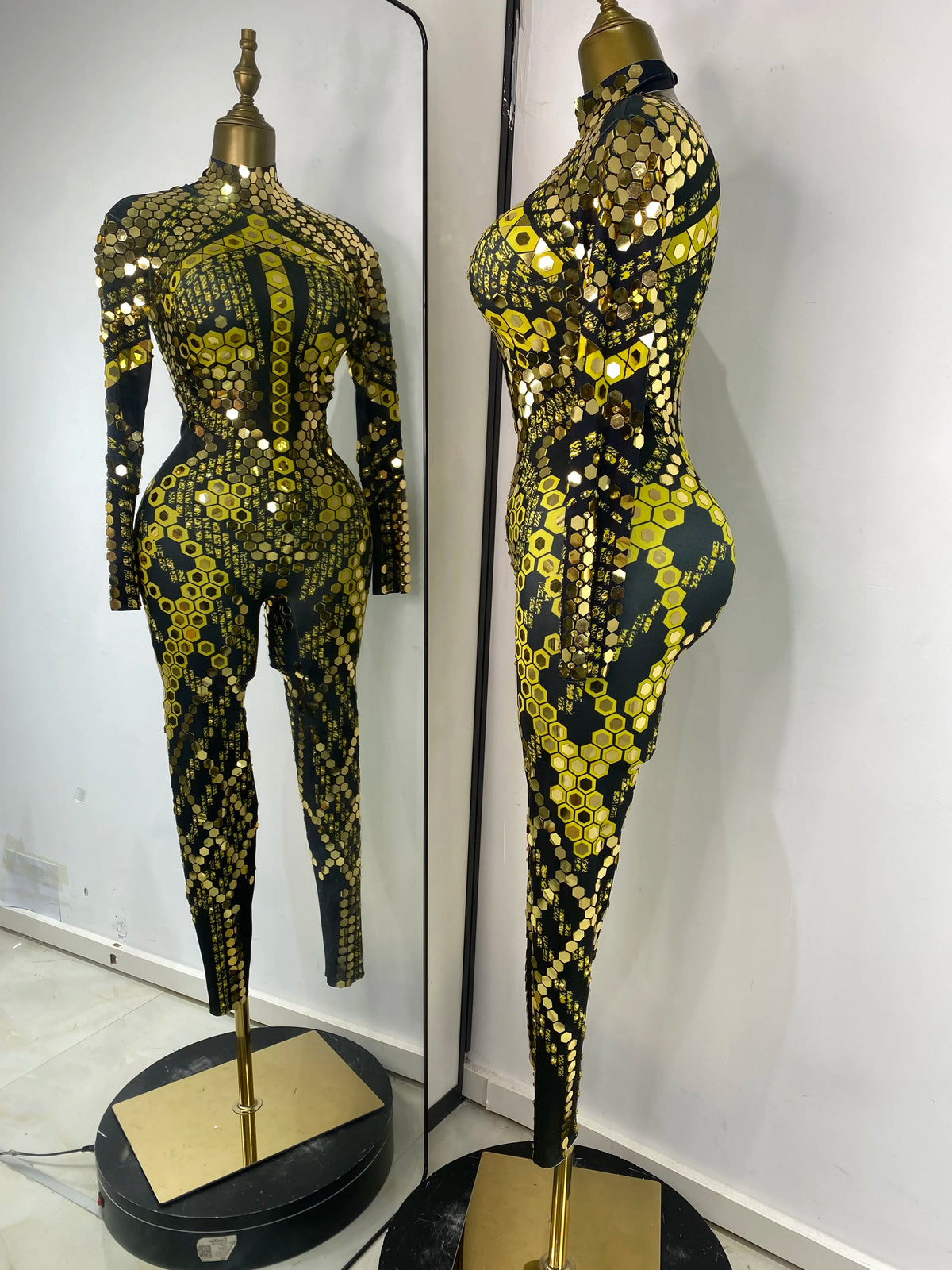 Women Performance Costumes Printed Sequines Rhinestones Spandex High Elastic Bodycon Jumpsuits Nightclub Evening Party Dress