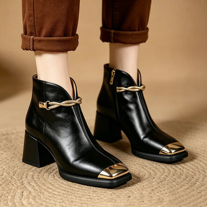 Designer Metal Decorat Thick High Heel Ankle Boots Wome Winter 2026 Warm Short Plush Black Short Boots Woman's Elegant Booties