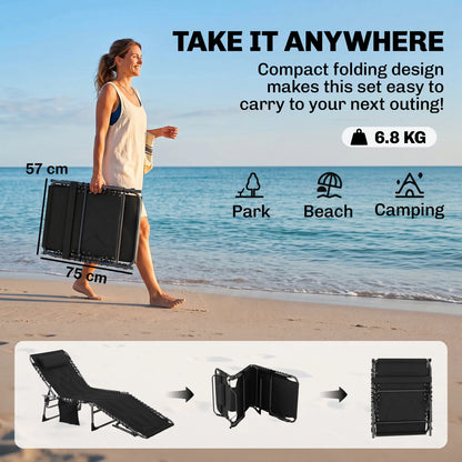 Outdoor Reclining Folding Chaise Lounge Chair, Adjustable, Padded, Pocket, Black
