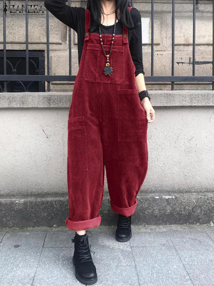 Autumn Corduroy Jumpsuits 2025 ZANZEA Women Overall Pants Casual Suspender Fashion Wide Leg Playsuits Rompers Streetwear Trouser