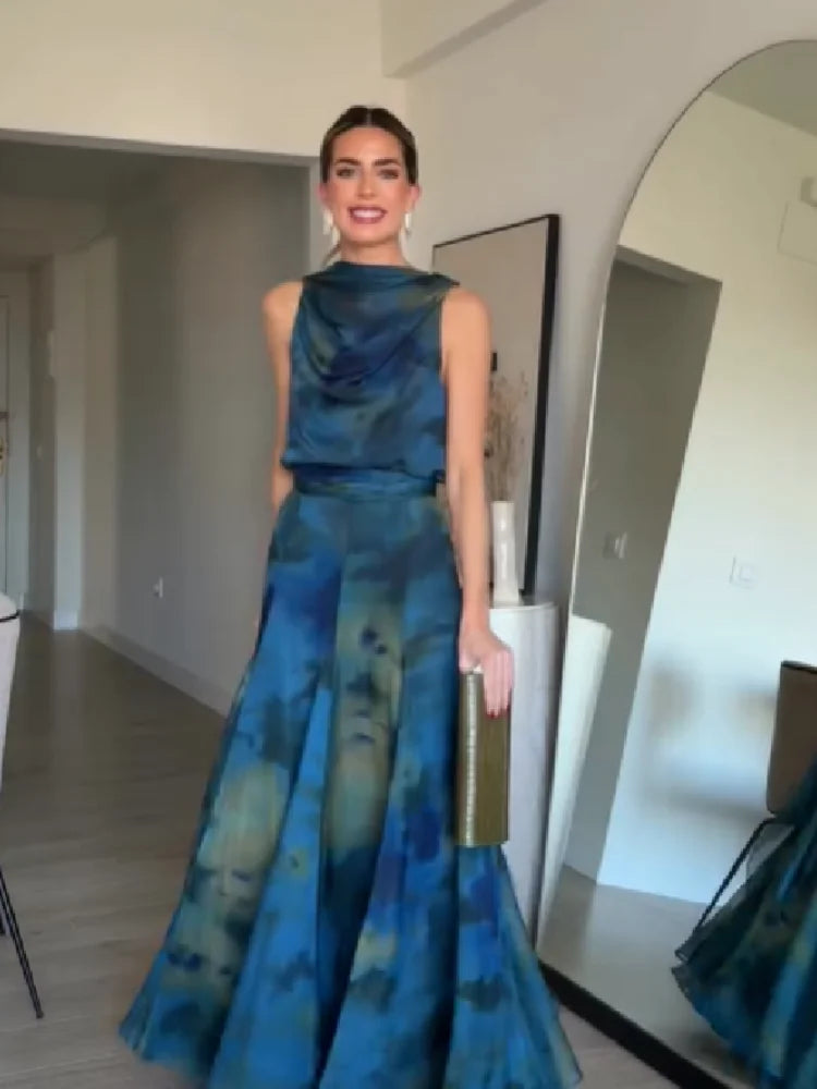 Women's Elegant Blue Watercolor Print Maxi Dress Sleeveless Cowl Neck Satin Formal Evening Gown A-line Floor Length Party Dress