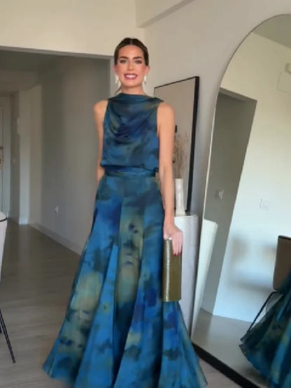 Women's Elegant Blue Watercolor Print Maxi Dress Sleeveless Cowl Neck Satin Formal Evening Gown A-line Floor Length Party Dress