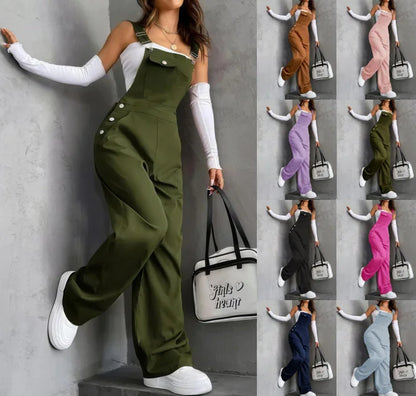 Early Autumn One-Piece Suit 2026 European And American Style Vacation Beach Retro Pocket Solid Color Workwear Strap Suit Thin Mo