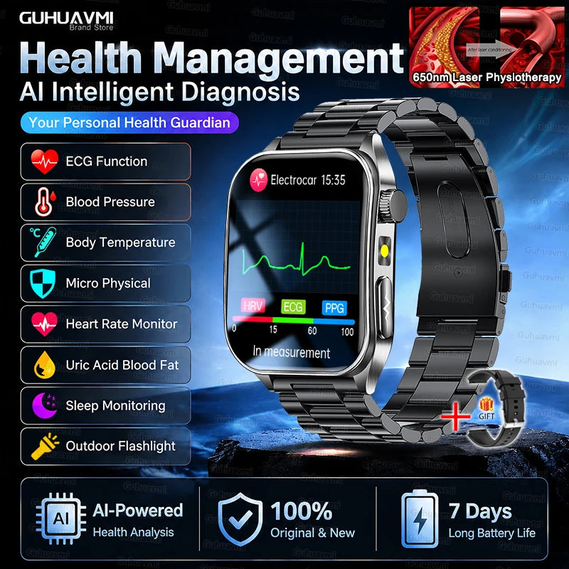 2026 New Non-Invasive Laser Treatment Three High Smart Watch Man ECG Heart Test Blood Fat Uric Acid Smart Watch For Android IOS