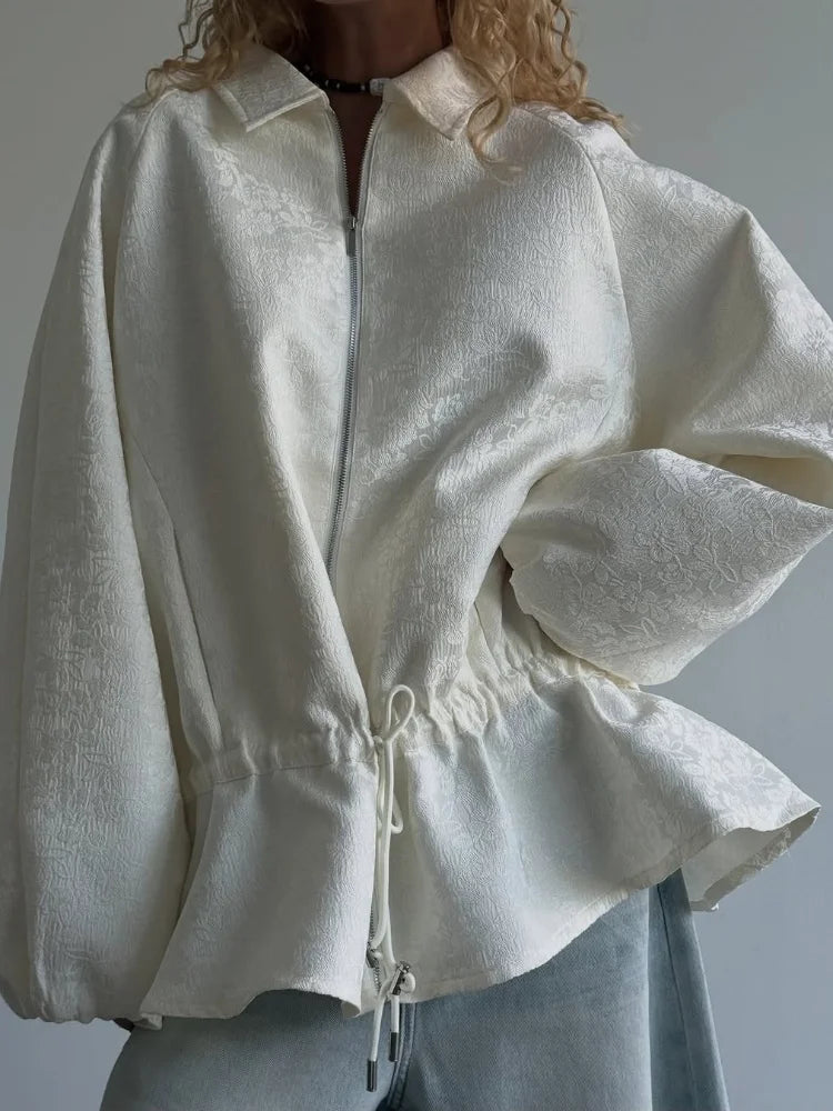 Luxury Apricot Texture Jacket Turn-down Collar Zipper Drawstring Waist Slim Lantern Sleeves Outerwear 2026 Fall Chic Lady Coat