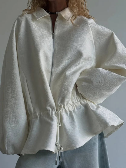 Luxury Apricot Texture Jacket Turn-down Collar Zipper Drawstring Waist Slim Lantern Sleeves Outerwear 2026 Fall Chic Lady Coat