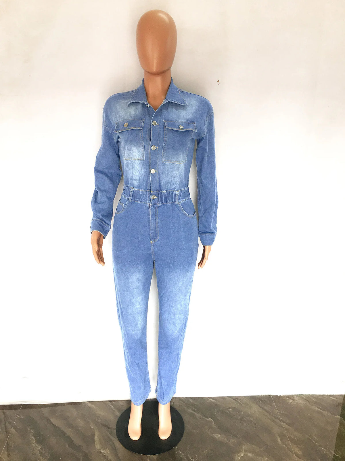 Women Autumn Turn Down Collar Loose One Piece Full Sleeve Tight High Waist Overalls Slim Denim Jumpsuits Long Pants Rompers
