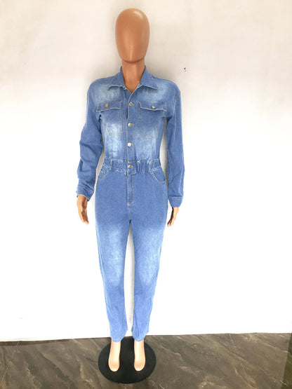Women Autumn Turn Down Collar Loose One Piece Full Sleeve Tight High Waist Overalls Slim Denim Jumpsuits Long Pants Rompers