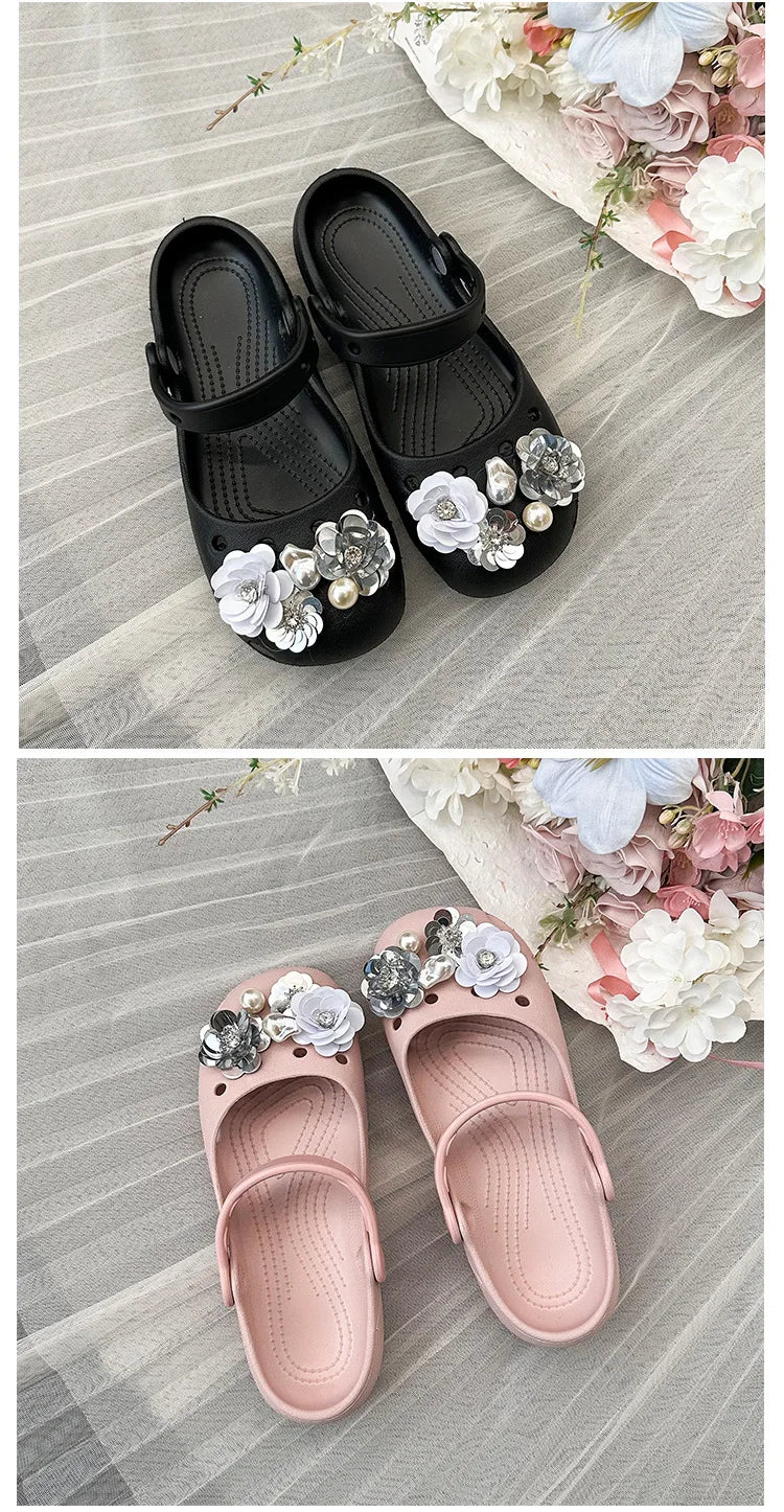 Clogs Summer Slippers Women Luxury Pearl Metal Flower Mary Janes Designer Ballet Shoes Girls Corc Charms Sandals Indoor Outdoor