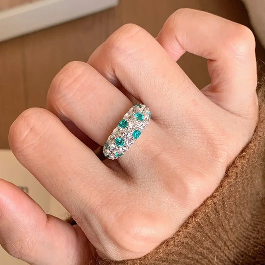 luxury 18K white gold and platinum PT950 Paraiba half-circle full-set diamond ring for women's baby's breath high jewelry