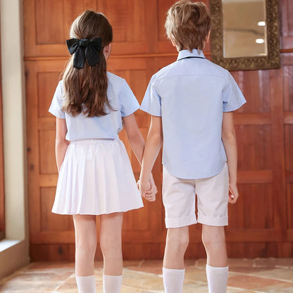 Children Summer Kindergarten School Uniforms Girls Pleated Skirts JK Suit Boys Shirt Shorts Bowtie Wedding Performance Costume