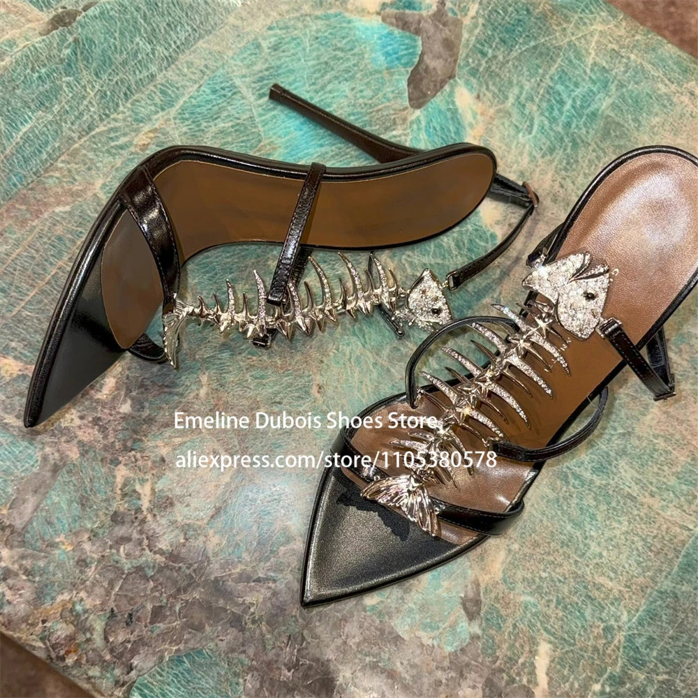 Fish Bone Sandals Rhinestone Slingback High Heels Pointed Toe Stiletto Pumps for Party Evening Sexy Women Summer Shoes Plus Size