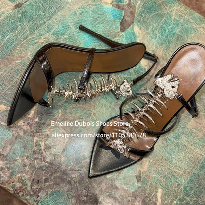 Fish Bone Sandals Rhinestone Slingback High Heels Pointed Toe Stiletto Pumps for Party Evening Sexy Women Summer Shoes Plus Size