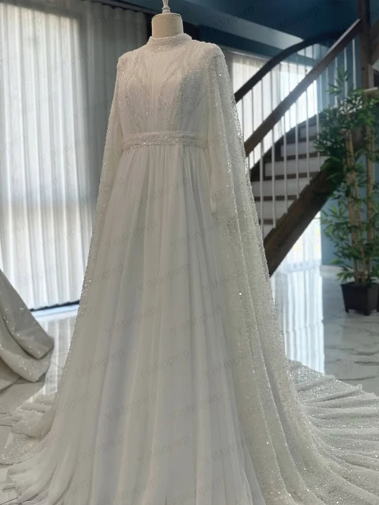 Elegant Muslim Wedding Dresses with Cape High Neck Long Sleeves Sequined Hijab Bride Bridal Gowns Customized robe de mariée