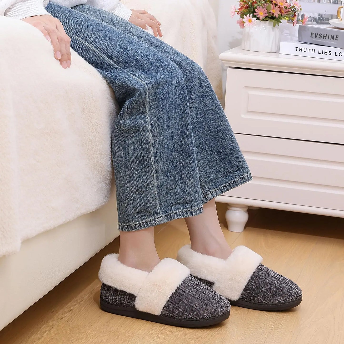 Pallene Winter Women's Fur Slippers Soft Sole Memory Foam Indoor Cotton Shoes Plush Lining Knit Slides Fluffy Men House Slippers