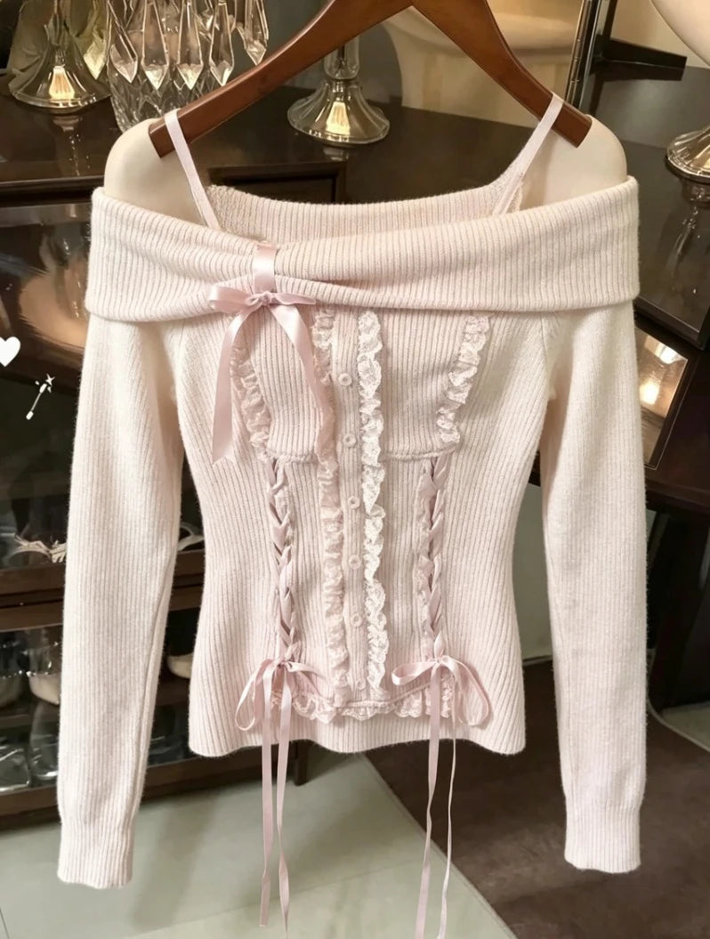 Sweet Daily Streetwear Japanese Women Slim Fit Off Shoulder Knit Jumper Soft Long Sleeve Fashion Pullover Sweater