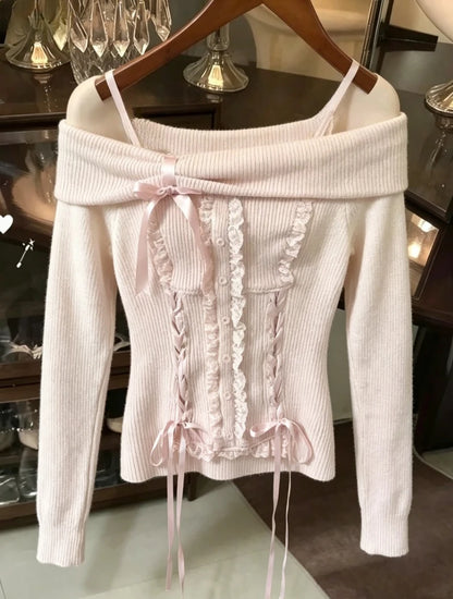 Sweet Daily Streetwear Japanese Women Slim Fit Off Shoulder Knit Jumper Soft Long Sleeve Fashion Pullover Sweater