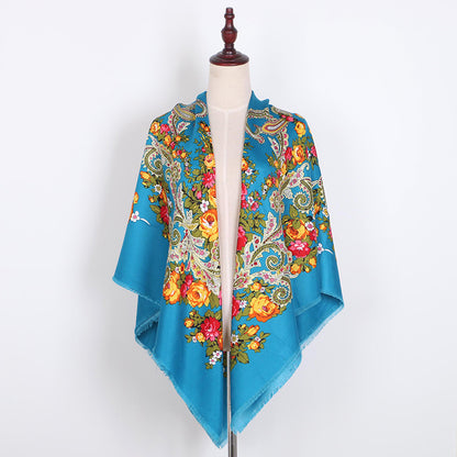 Russian Women Big Size Square Scarf Luxury Floral Print Bandana Wraps Female Retro Short Tassel National Shawl