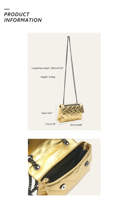 Women Fashion Metallic PU Vegan Leather Handbag Luxury Quilted Flap Messenger Shoulder Bag Long Chain Purse Daily Casual Travel