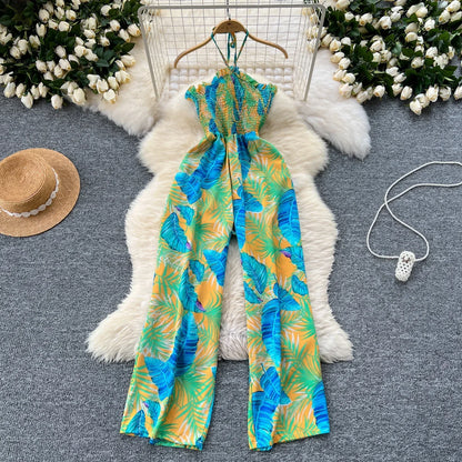 2024 New Summer Sexy Bohemian Leaf Print Jumpsuits Women Sleeveless Sexy Long Jumpsuit Mujer Casual Holiday Beach Rompers