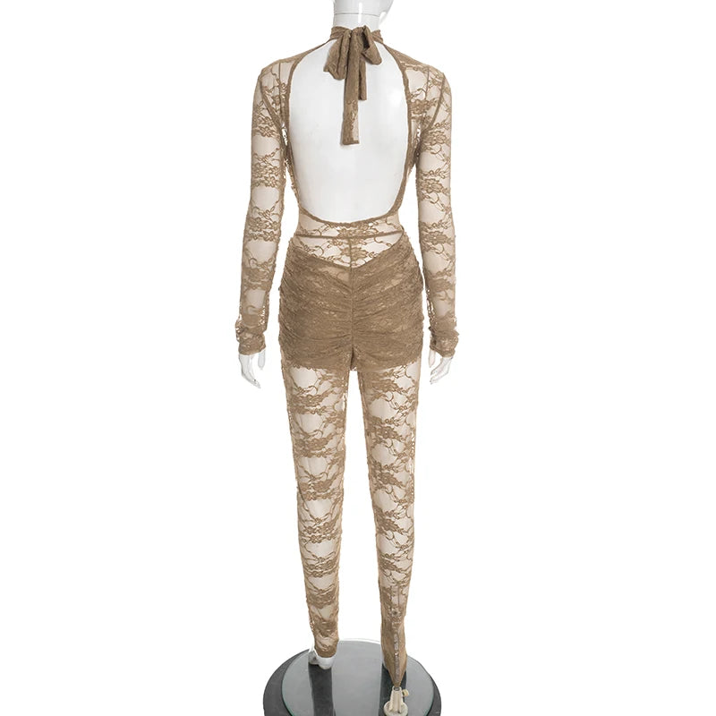 Weird Puss Backless Jumpsuit Women Coquette Jacquard Patchwork Cross Bandage Midnight Stretch Full Sleeve Club Activity Overalls