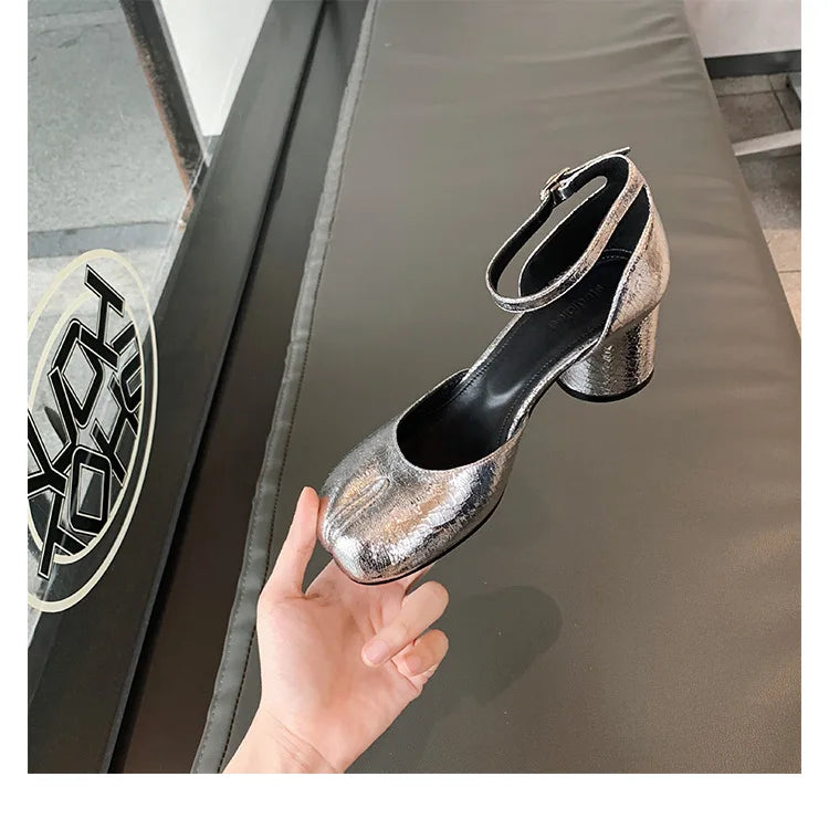 Modern Heels Pumps Women Round High Heel Leather Square Split Toe Pumps Shoes Spring Summer Sandals Mary Janes Shoes Heels Women