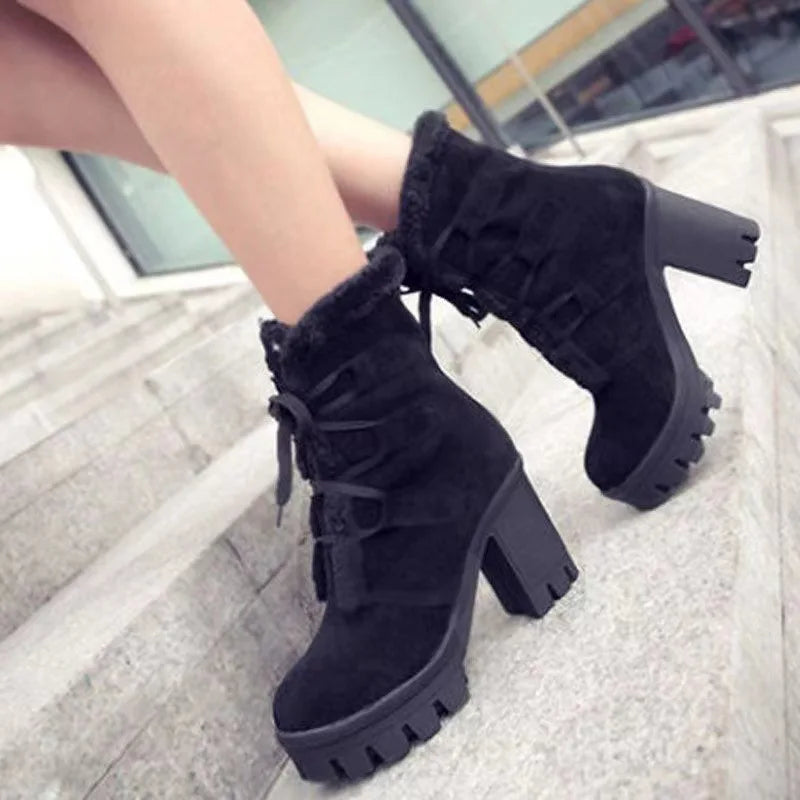 Winter Warm Girls Boots Fashion Lace Up Platform High Heels Women Ankle Boots Cosplay Casaul Party Fur Warm Women Boots Shoes 43