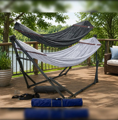 Tranquillo Combo x2 Hammocks with Stand & Tree Straps, Heavy Duty 600lbs for Indoor Outdoor Patio Backyard, Grey Medium