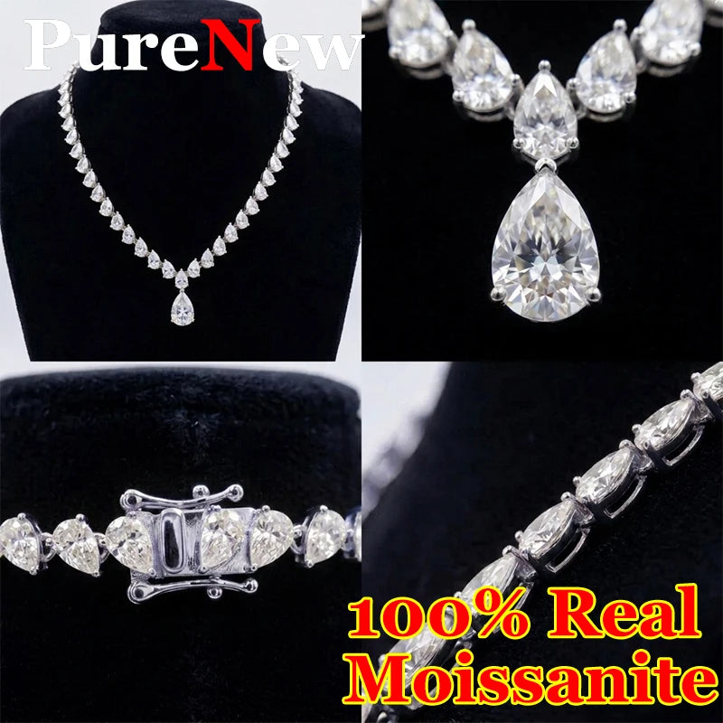 PureNew 30CT Luxury Pear Full Moissanite Chain For Women 925 Silver Plated 18k Gold D Color Women's Moissanite Weeding Necklace