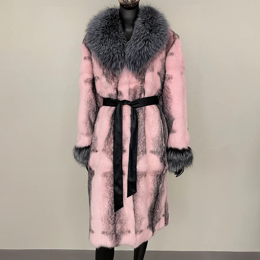 2024 New Autumn Winter Thickened Fur Coat for Women Rabbit Fur One-piece Long Style Real Fox Fur Collar Fashion Warm Coat Women