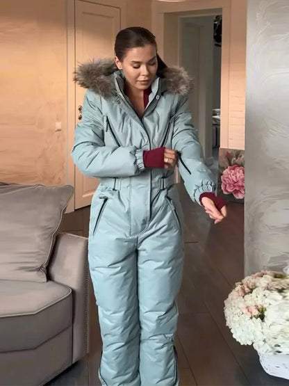 Casual Fur Hooded Patchwork Ski Jumpsuits Women Slim Thicken Zippers Belts Lady Jumpsuit 2026 Autumn Winter Chic Female Skiwear