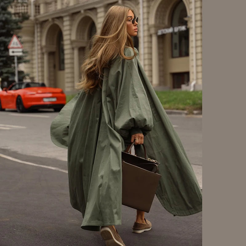 Solid Commute Women's Trench Coat Ovesized Puff Sleeve Single Breasted Long Jacket Lapel Side Slit 2026 New Autumn Lady Outwear
