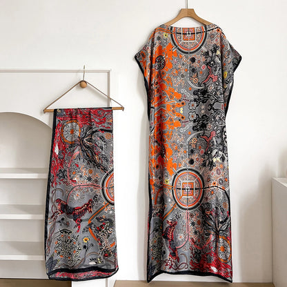 New African For Women Summer Sun protection Short Sleeve Cotton Dress Gold Stamping Loose Lady Maxi Print Dress With Big Scarf