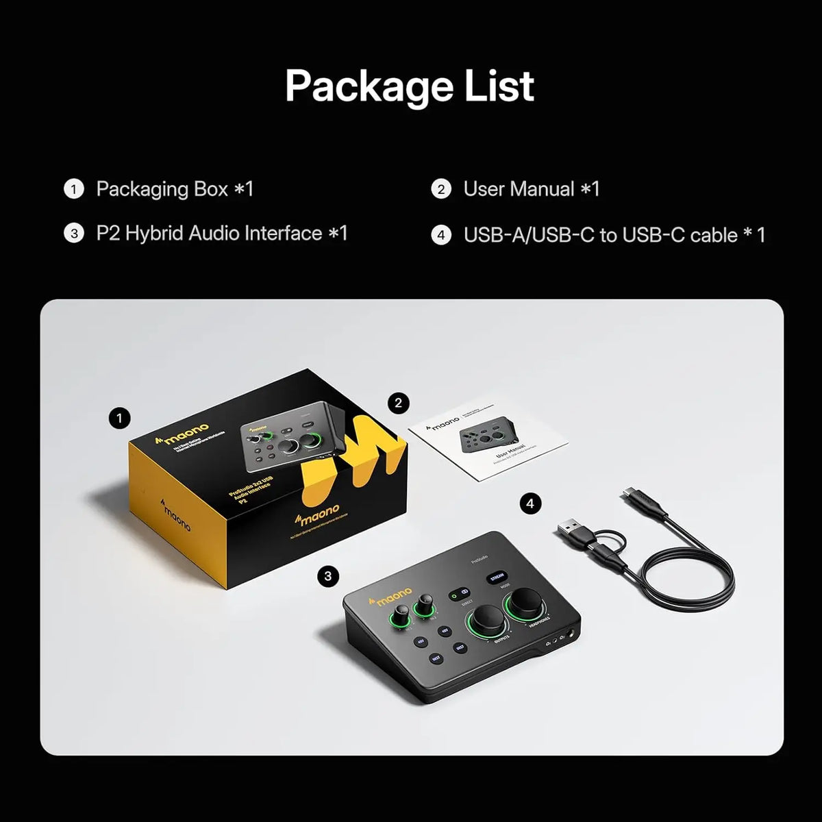 MAONO P2 Hybrid USB Audio Interface Mixers Dual XLR for PC Phone iPad Guitar 56dB Gain Loopback for Podcast Streaming Recording