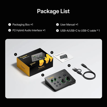 MAONO P2 Hybrid USB Audio Interface Mixers Dual XLR for PC Phone iPad Guitar 56dB Gain Loopback for Podcast Streaming Recording