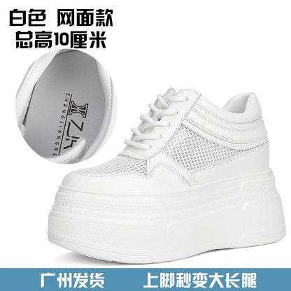 10-14cm Chunky Sneakers Women Platform Shoes Elevator Shoe White Mesh Breathable Sneakers Real Leather Increasing Shoes