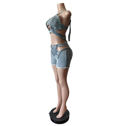 Streetwear Hollow Out Jeans Shorts Outfit Set Sexy Women Elegant Two Pieces Denim Club Matching Set Top+Shorts